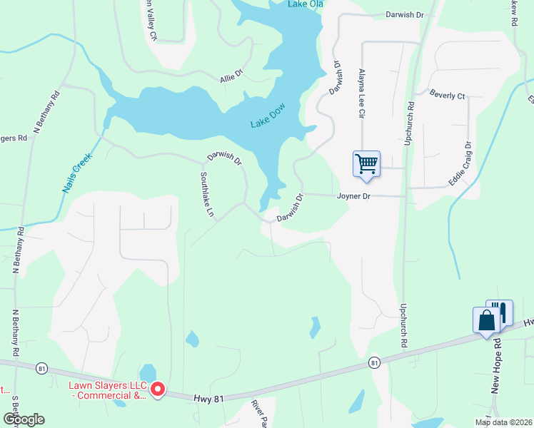 map of restaurants, bars, coffee shops, grocery stores, and more near 174 Darwish Drive in McDonough
