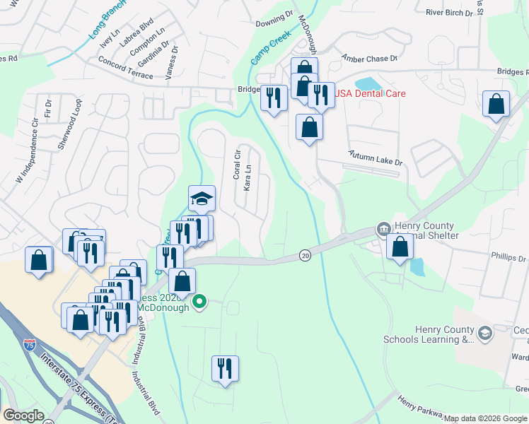 map of restaurants, bars, coffee shops, grocery stores, and more near 146 Prity Court in McDonough