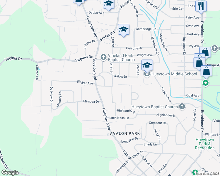 map of restaurants, bars, coffee shops, grocery stores, and more near 148 Highland Drive in Hueytown