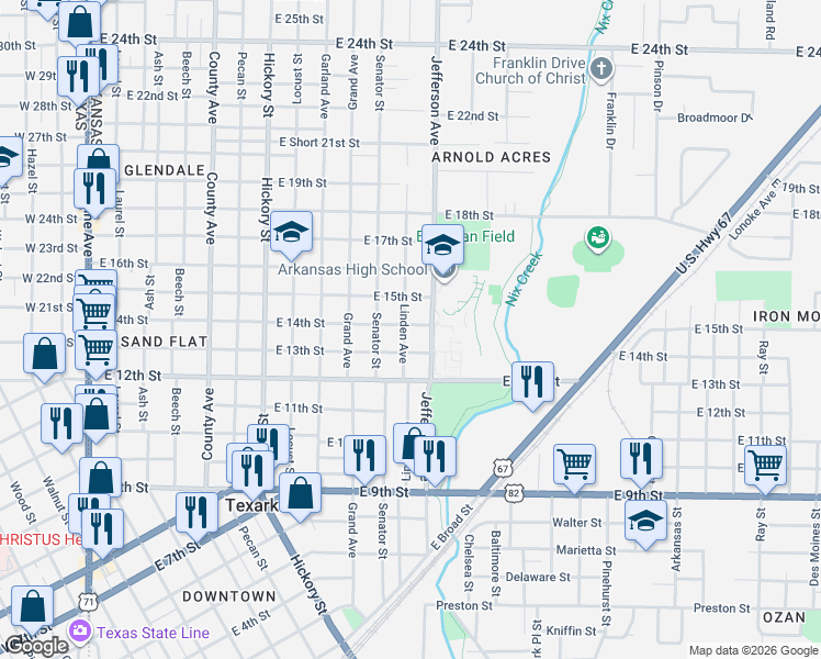 map of restaurants, bars, coffee shops, grocery stores, and more near 1201 East 14th Street in Texarkana