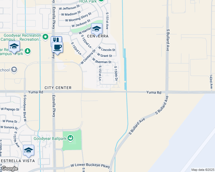 map of restaurants, bars, coffee shops, grocery stores, and more near 15121 West Desert Bloom Street in Goodyear