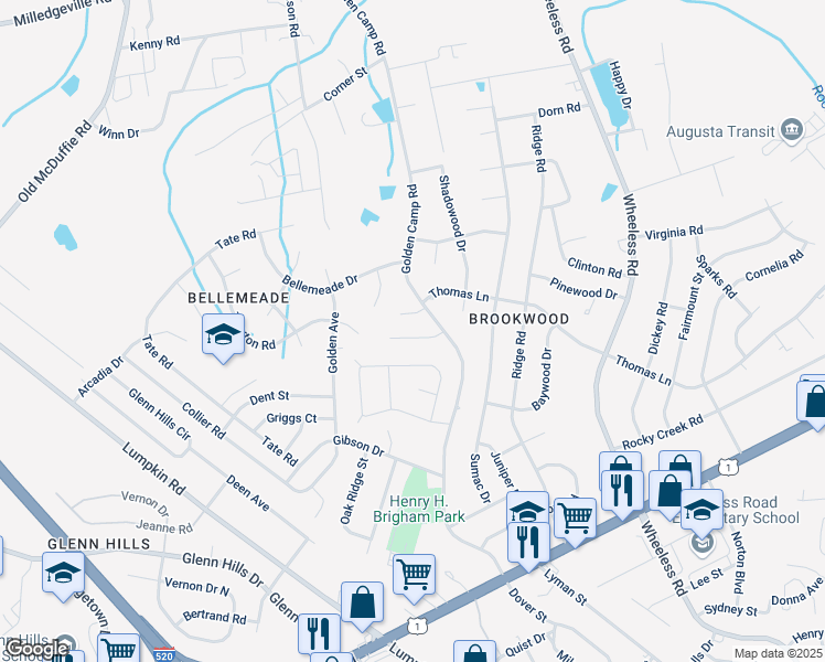 map of restaurants, bars, coffee shops, grocery stores, and more near 3107 Palm Court in Augusta