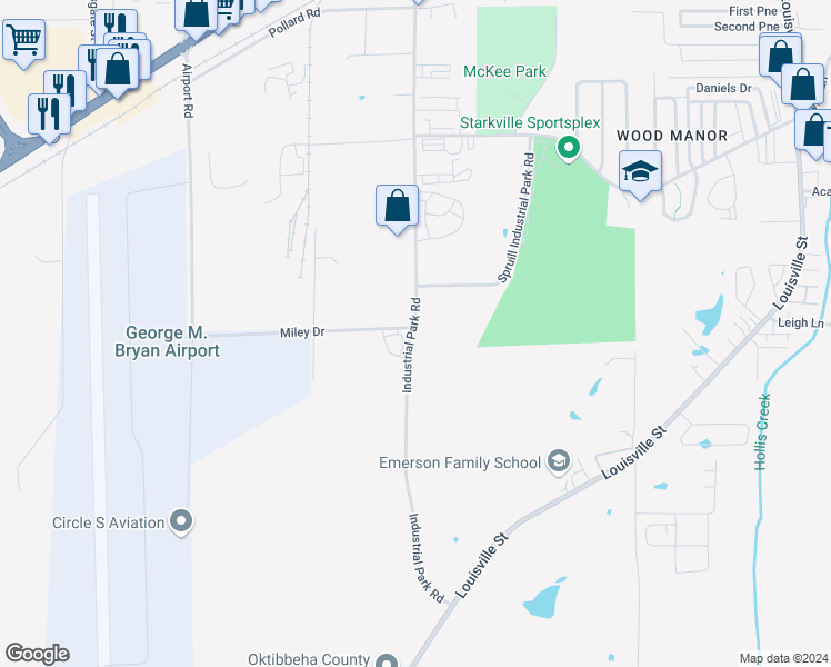 map of restaurants, bars, coffee shops, grocery stores, and more near 401 Industrial Park Road in Starkville