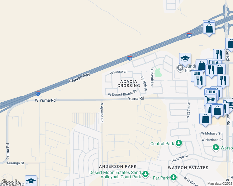 map of restaurants, bars, coffee shops, grocery stores, and more near 24206 West Desert Bloom Street in Buckeye