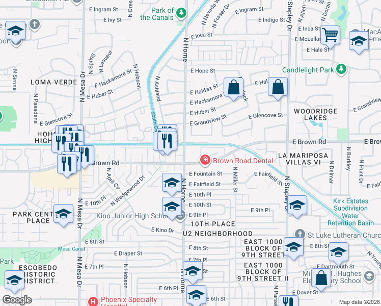 map of restaurants, bars, coffee shops, grocery stores, and more near 820 East Brown Road in Mesa