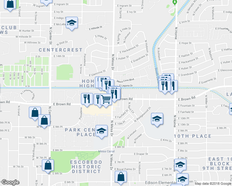 map of restaurants, bars, coffee shops, grocery stores, and more near 1135 North Mesa Drive in Mesa