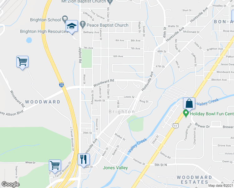 map of restaurants, bars, coffee shops, grocery stores, and more near 1254 Lewis Street in Bessemer