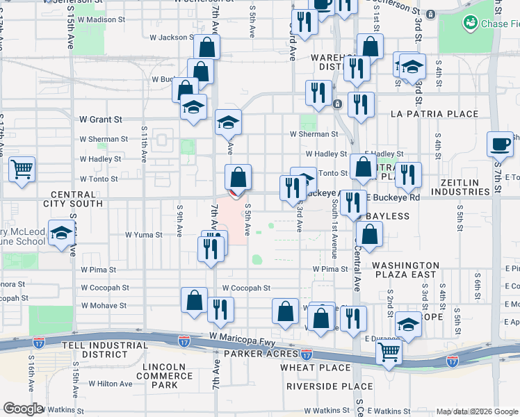 map of restaurants, bars, coffee shops, grocery stores, and more near 1113 South 5th Avenue in Phoenix