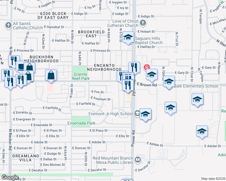 map of restaurants, bars, coffee shops, grocery stores, and more near 6647 East Fairbrook Circle in Mesa