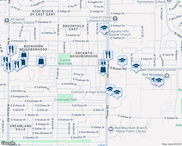 map of restaurants, bars, coffee shops, grocery stores, and more near 6647 East Fairbrook Circle in Mesa