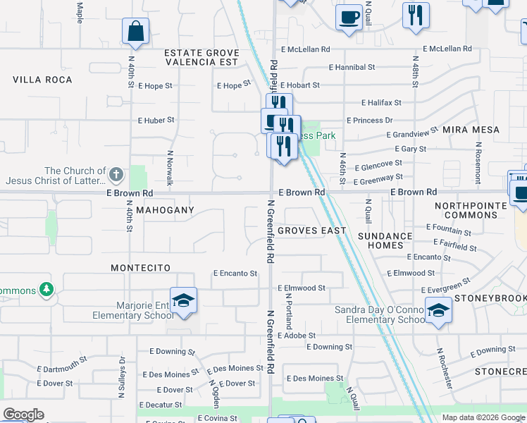 map of restaurants, bars, coffee shops, grocery stores, and more near 1159 North Greenfield Road in Mesa