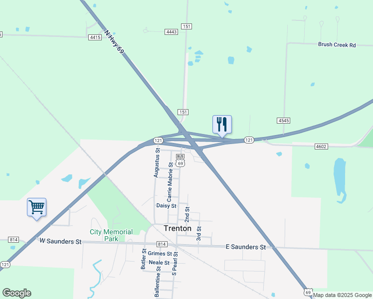 map of restaurants, bars, coffee shops, grocery stores, and more near 13503 Texas 121 in Trenton