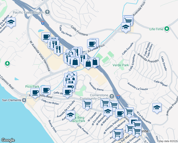 map of restaurants, bars, coffee shops, grocery stores, and more near 75 Via Pico Plaza in San Clemente