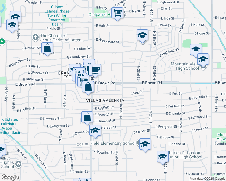 map of restaurants, bars, coffee shops, grocery stores, and more near 2059 East Brown Road in Mesa