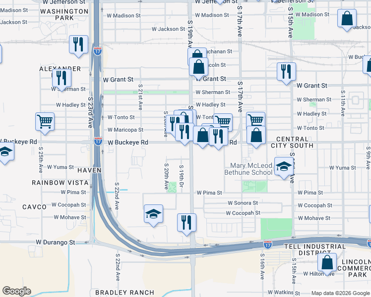 map of restaurants, bars, coffee shops, grocery stores, and more near 1901 West Buckeye Road in Phoenix