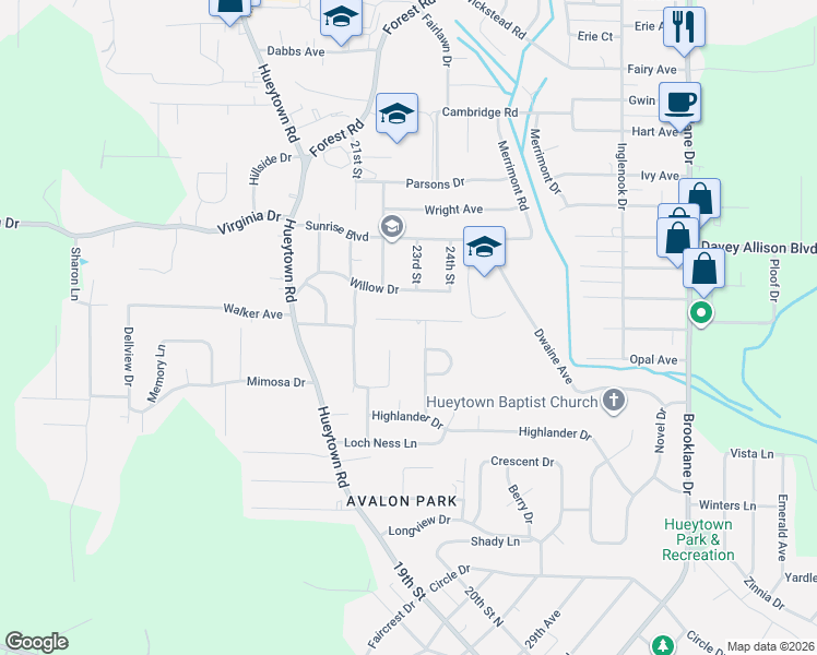 map of restaurants, bars, coffee shops, grocery stores, and more near 5024 Tammy Lane in Hueytown