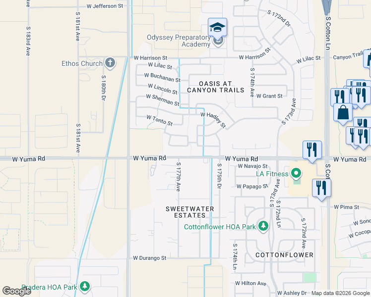 map of restaurants, bars, coffee shops, grocery stores, and more near 17669 West Maricopa Street in Goodyear