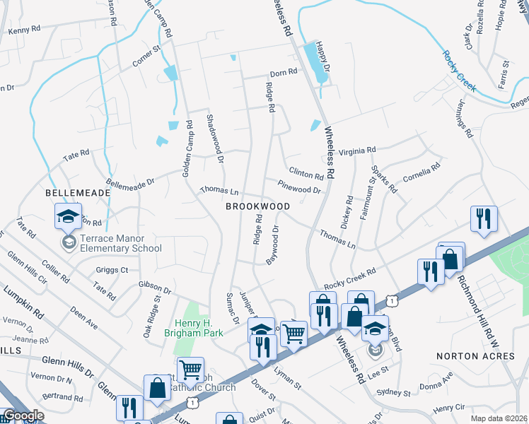 map of restaurants, bars, coffee shops, grocery stores, and more near 2404 Ridge Road in Augusta