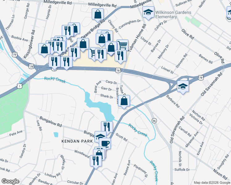 map of restaurants, bars, coffee shops, grocery stores, and more near 2023 Garr Drive in Augusta