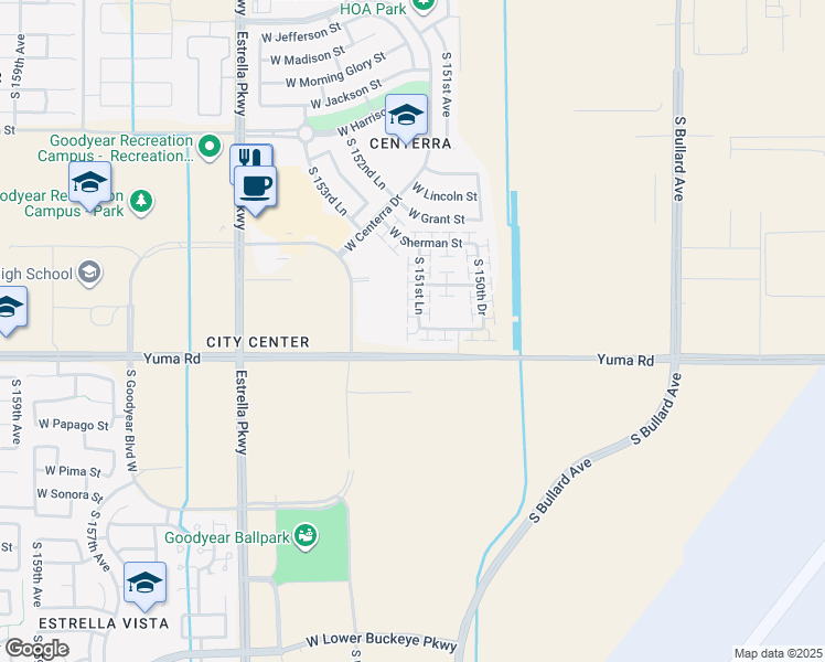 map of restaurants, bars, coffee shops, grocery stores, and more near 1092 South 151st Lane in Goodyear