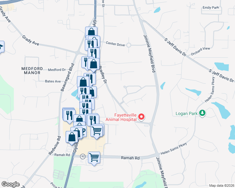 map of restaurants, bars, coffee shops, grocery stores, and more near 150 Woodgate Drive in Fayetteville