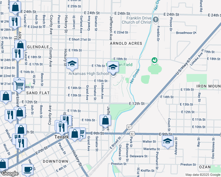 map of restaurants, bars, coffee shops, grocery stores, and more near 1500 Jefferson Avenue in Texarkana