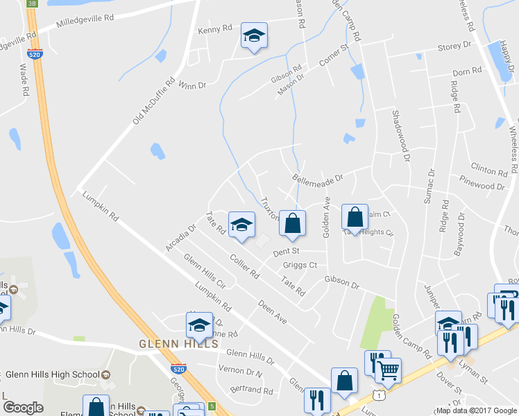map of restaurants, bars, coffee shops, grocery stores, and more near 3144 Truxton Road in Augusta