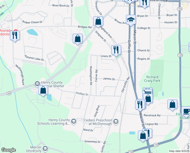 map of restaurants, bars, coffee shops, grocery stores, and more near 97 Carver Road in McDonough