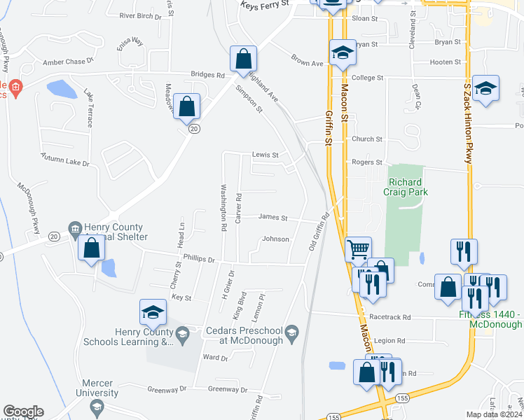 map of restaurants, bars, coffee shops, grocery stores, and more near 138 James Street in McDonough