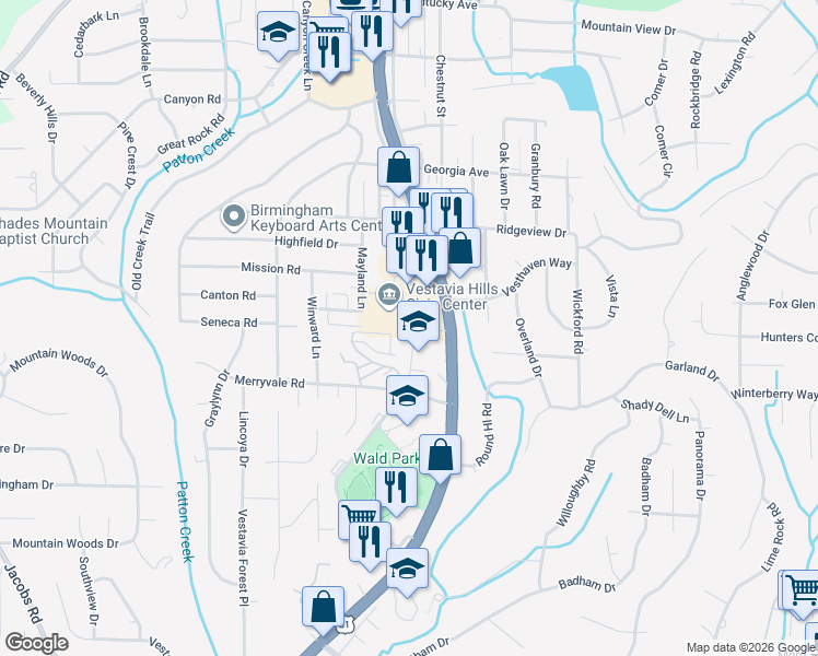 map of restaurants, bars, coffee shops, grocery stores, and more near 1112 Montgomery Highway in Vestavia Hills