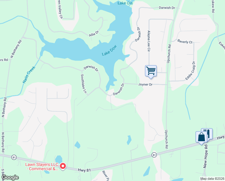 map of restaurants, bars, coffee shops, grocery stores, and more near 174 Darwish Drive in McDonough