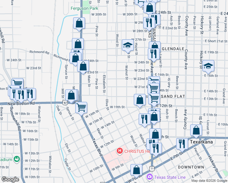 map of restaurants, bars, coffee shops, grocery stores, and more near 2019 Wood Street in Texarkana