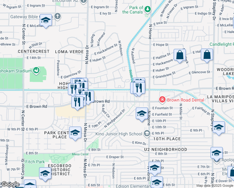 map of restaurants, bars, coffee shops, grocery stores, and more near 1149 North July Circle in Mesa