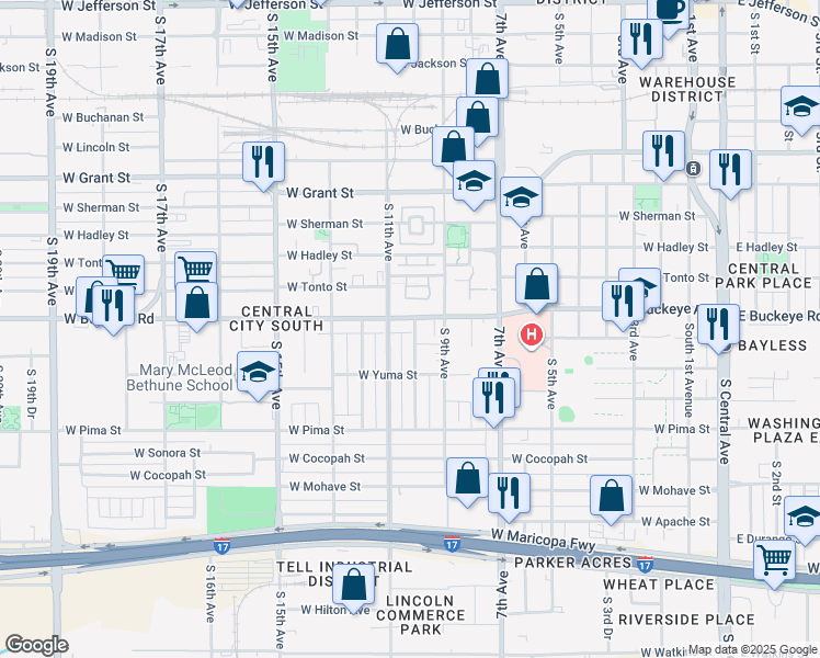 map of restaurants, bars, coffee shops, grocery stores, and more near 1001 West Buckeye Road in Phoenix