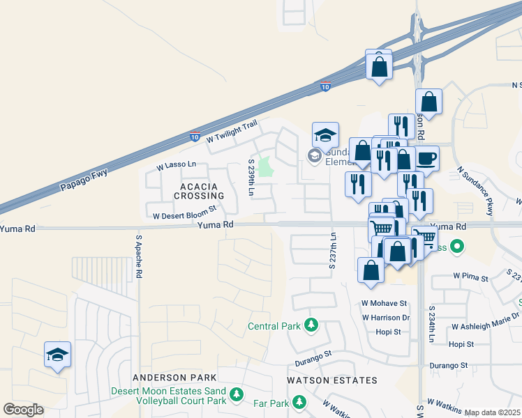 map of restaurants, bars, coffee shops, grocery stores, and more near 23946 West Desert Bloom Street in Buckeye