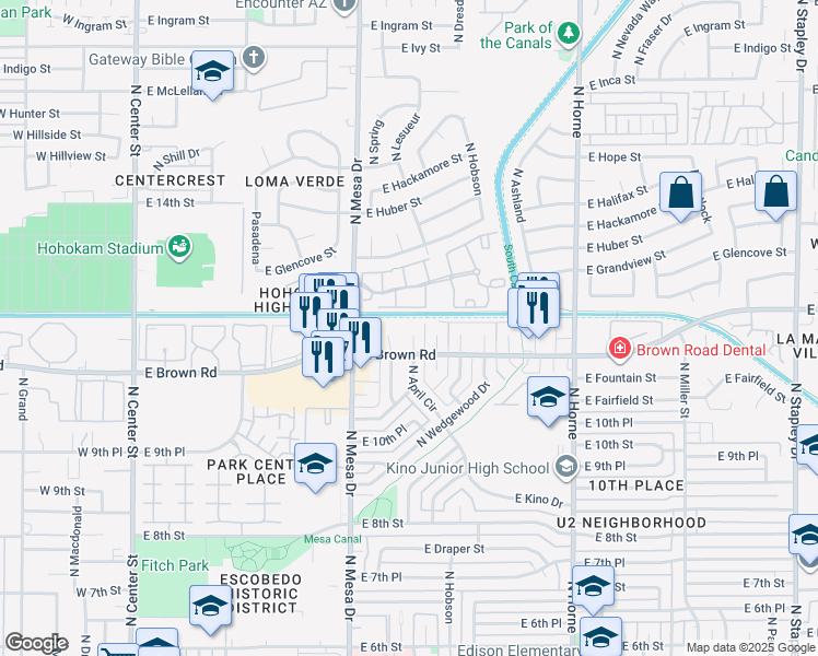map of restaurants, bars, coffee shops, grocery stores, and more near 1150 North April Circle in Mesa