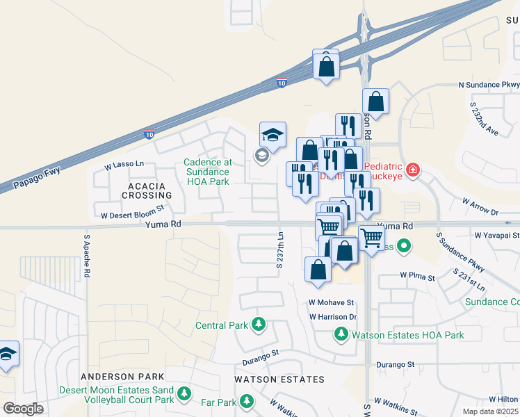map of restaurants, bars, coffee shops, grocery stores, and more near 23808 West Desert Bloom Street in Buckeye