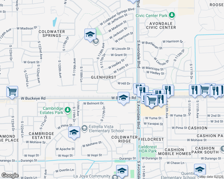 map of restaurants, bars, coffee shops, grocery stores, and more near 11622 West Western Avenue in Avondale