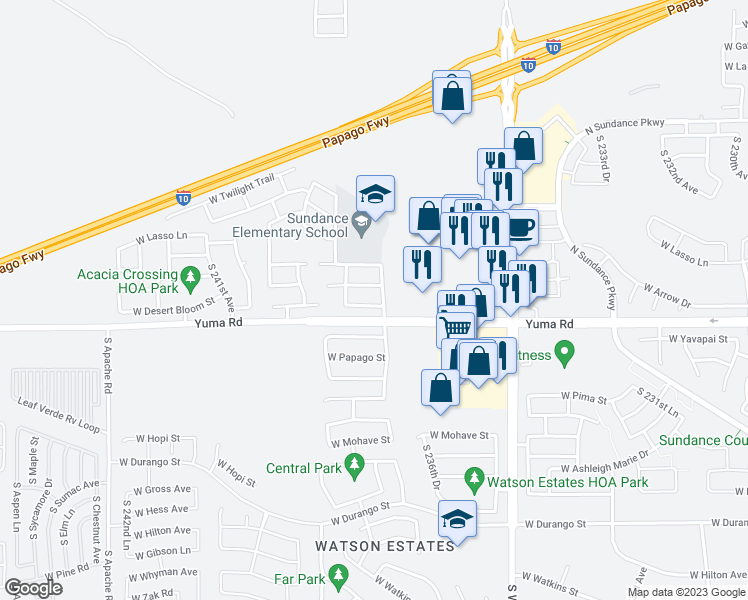 map of restaurants, bars, coffee shops, grocery stores, and more near 23774 West Desert Bloom Street in Buckeye
