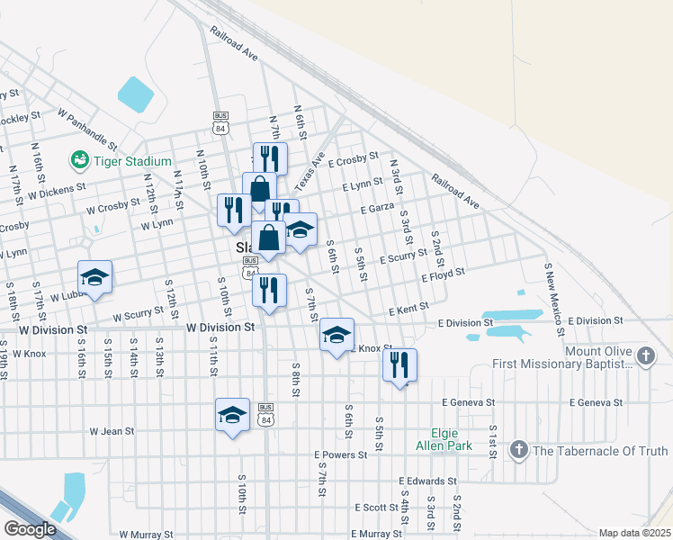 map of restaurants, bars, coffee shops, grocery stores, and more near 298 E Scurry St in Slaton