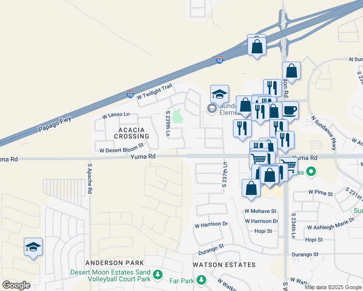 map of restaurants, bars, coffee shops, grocery stores, and more near 23946 West Desert Bloom Street in Buckeye