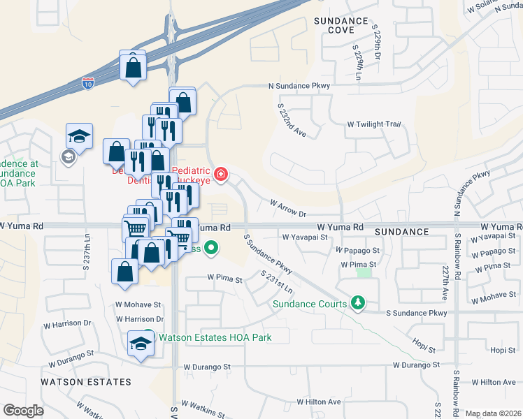 map of restaurants, bars, coffee shops, grocery stores, and more near 1121 South 232nd Lane in Buckeye