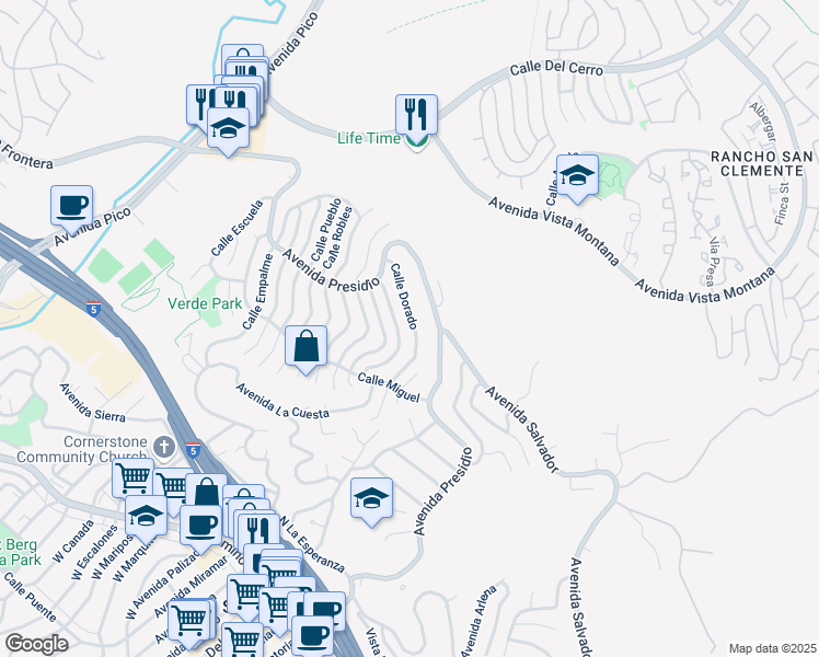 map of restaurants, bars, coffee shops, grocery stores, and more near 323 Calle Dorado in San Clemente
