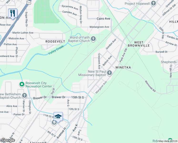 map of restaurants, bars, coffee shops, grocery stores, and more near 1821 Courtney Avenue in Bessemer