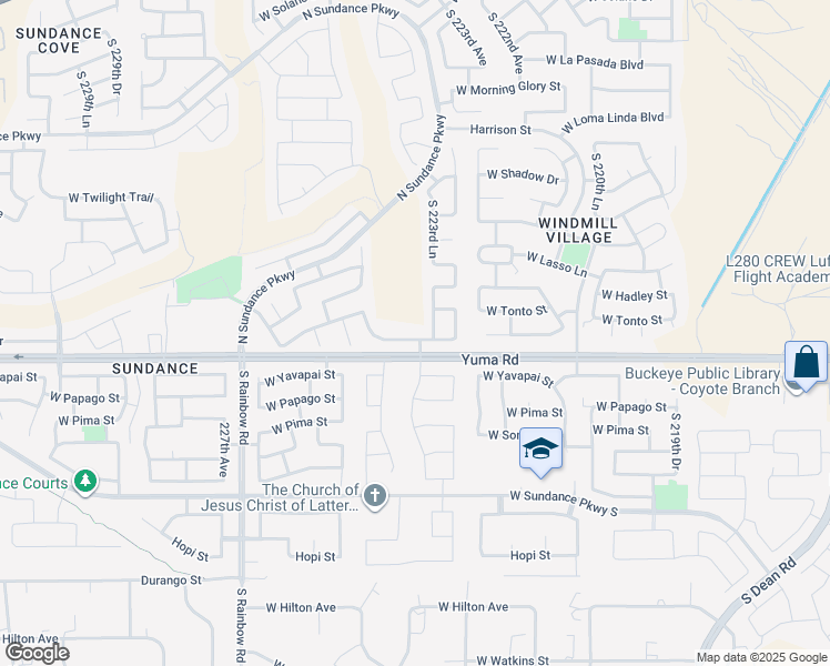 map of restaurants, bars, coffee shops, grocery stores, and more near 22394 West Desert Bloom Street in Buckeye