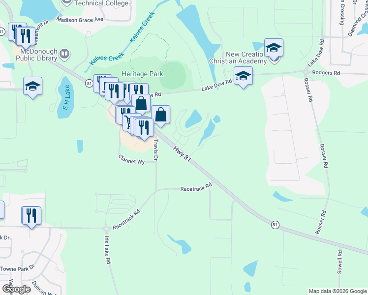 map of restaurants, bars, coffee shops, grocery stores, and more near 244 Rainbow Lane in McDonough