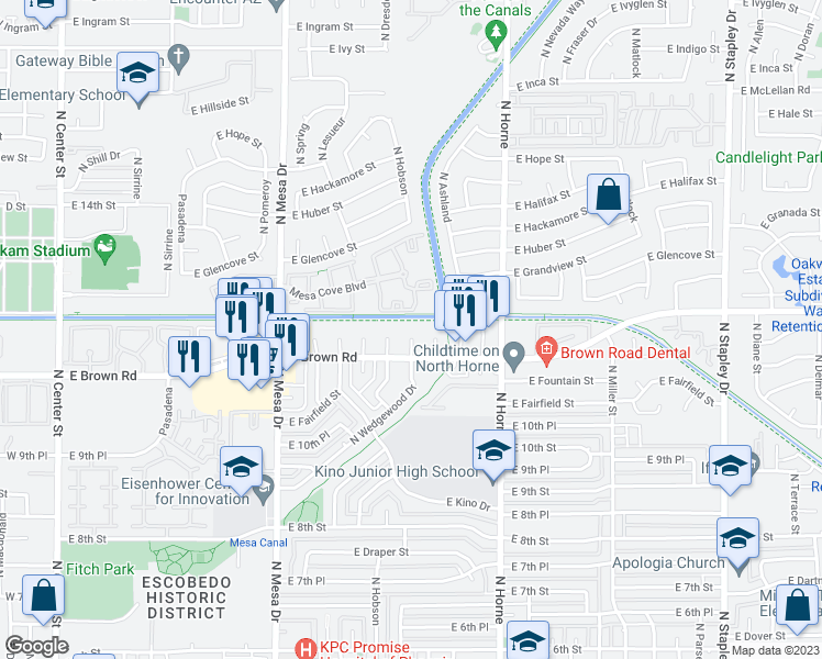 map of restaurants, bars, coffee shops, grocery stores, and more near 1150 North Wedgewood Circle in Mesa