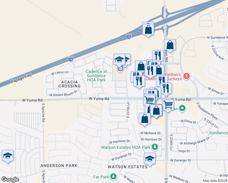 map of restaurants, bars, coffee shops, grocery stores, and more near 1104 South 238th Drive in Buckeye