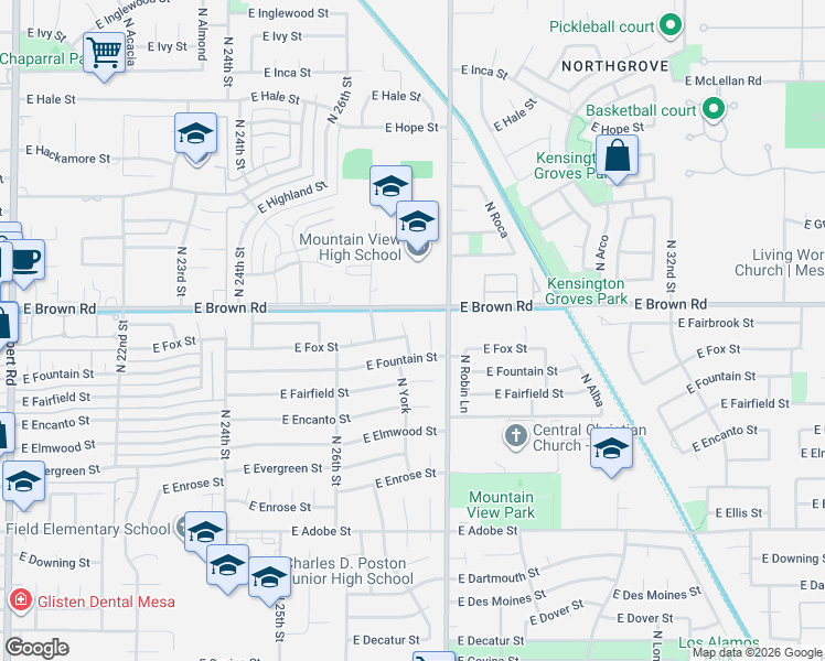 map of restaurants, bars, coffee shops, grocery stores, and more near 1131 North York Circle in Mesa