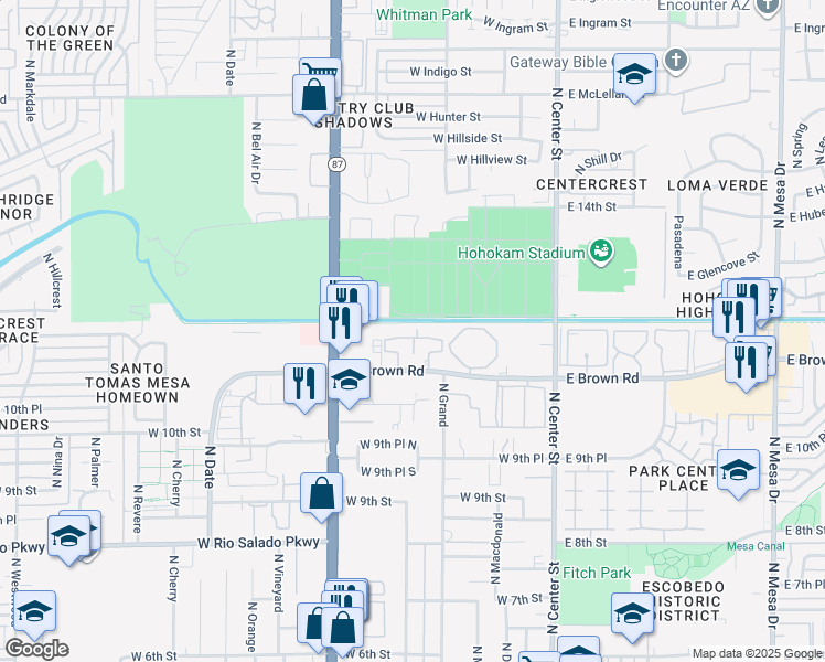 map of restaurants, bars, coffee shops, grocery stores, and more near 222 West Brown Road in Mesa